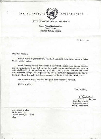 Croatia UNPROFOR UN Protection Force 1994 Indian Contigent cover & letter