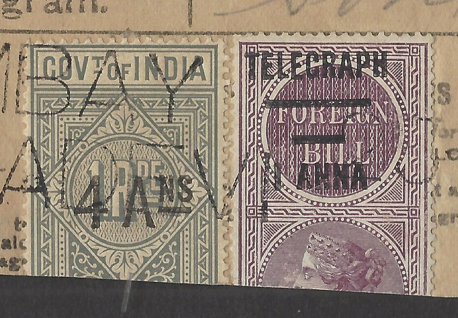 India 1904 Telegraph receipt with 1904 provisional telegraphs stamps X2 on Forei