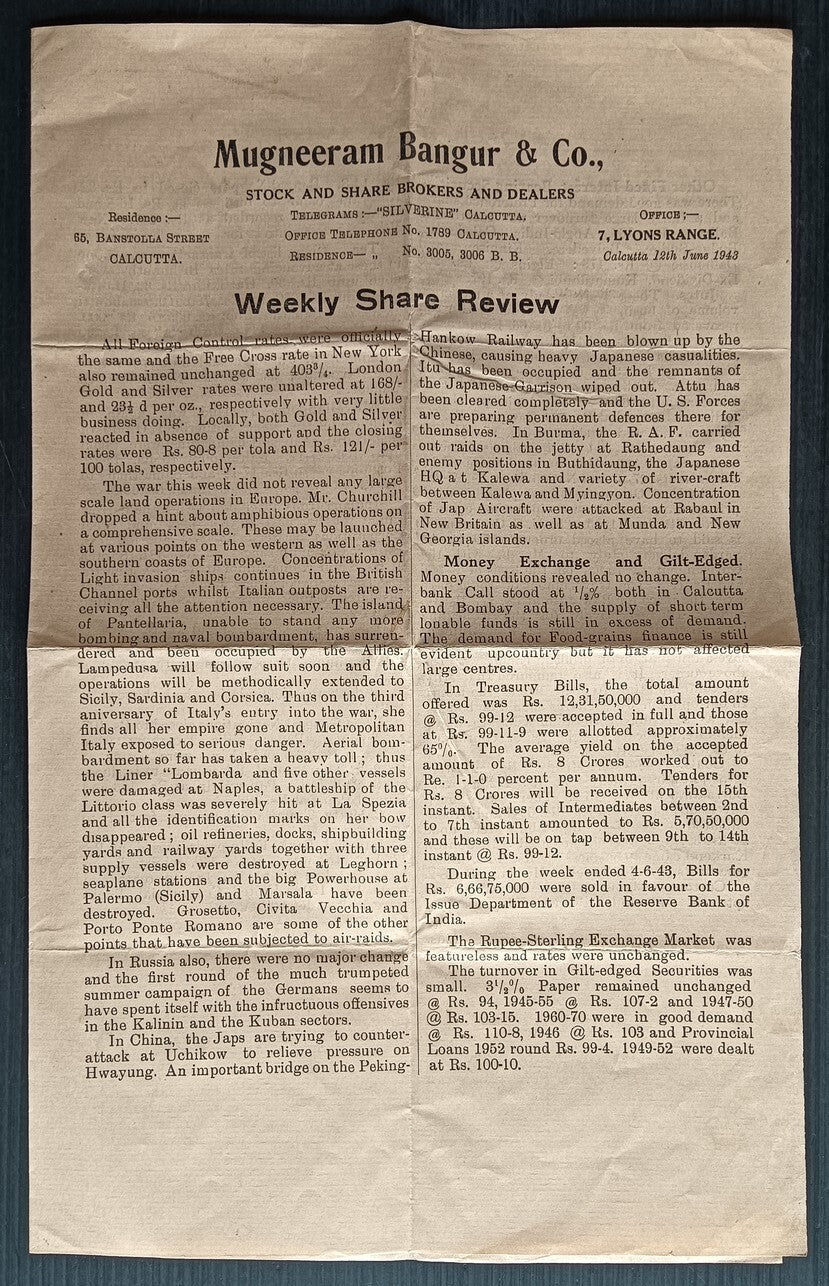 India 1943 Manguram Bangur Weekly Share Review, Calcutta