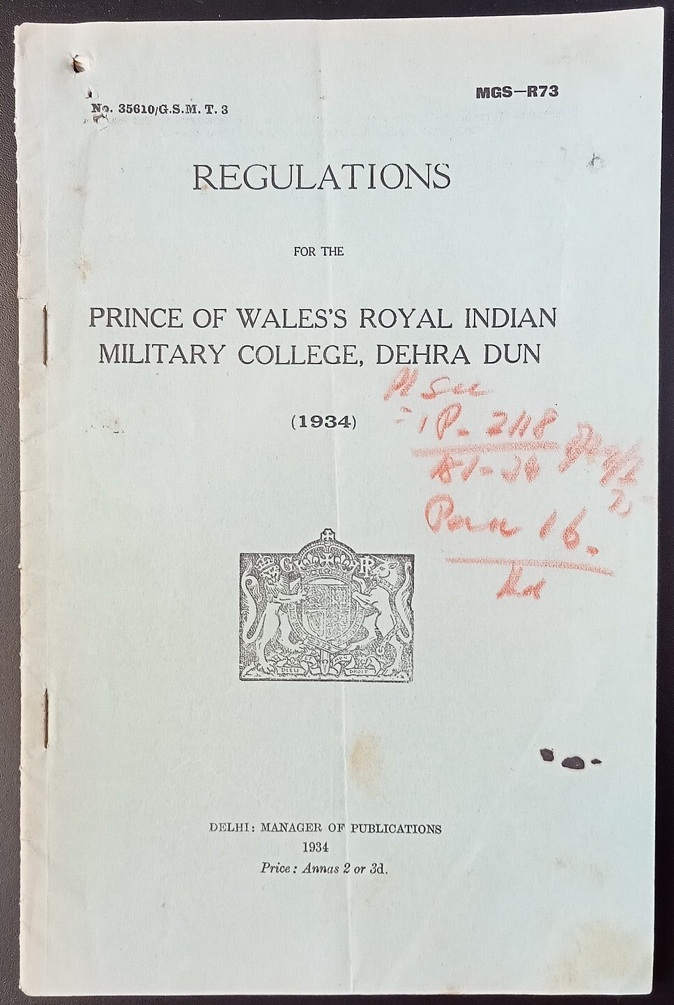 India 1934 REGULATIONS for PRINCE OF WALES ROYAL MILITARY INDIAN COLLEGE D Dun