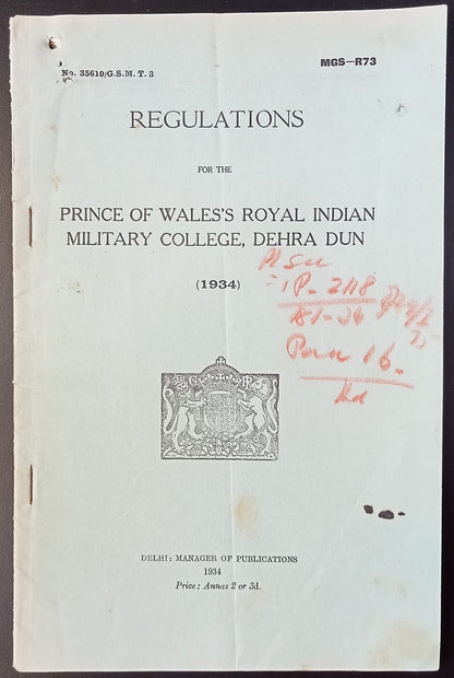 India 1934 REGULATIONS for PRINCE OF WALES ROYAL MILITARY INDIAN COLLEGE D Dun