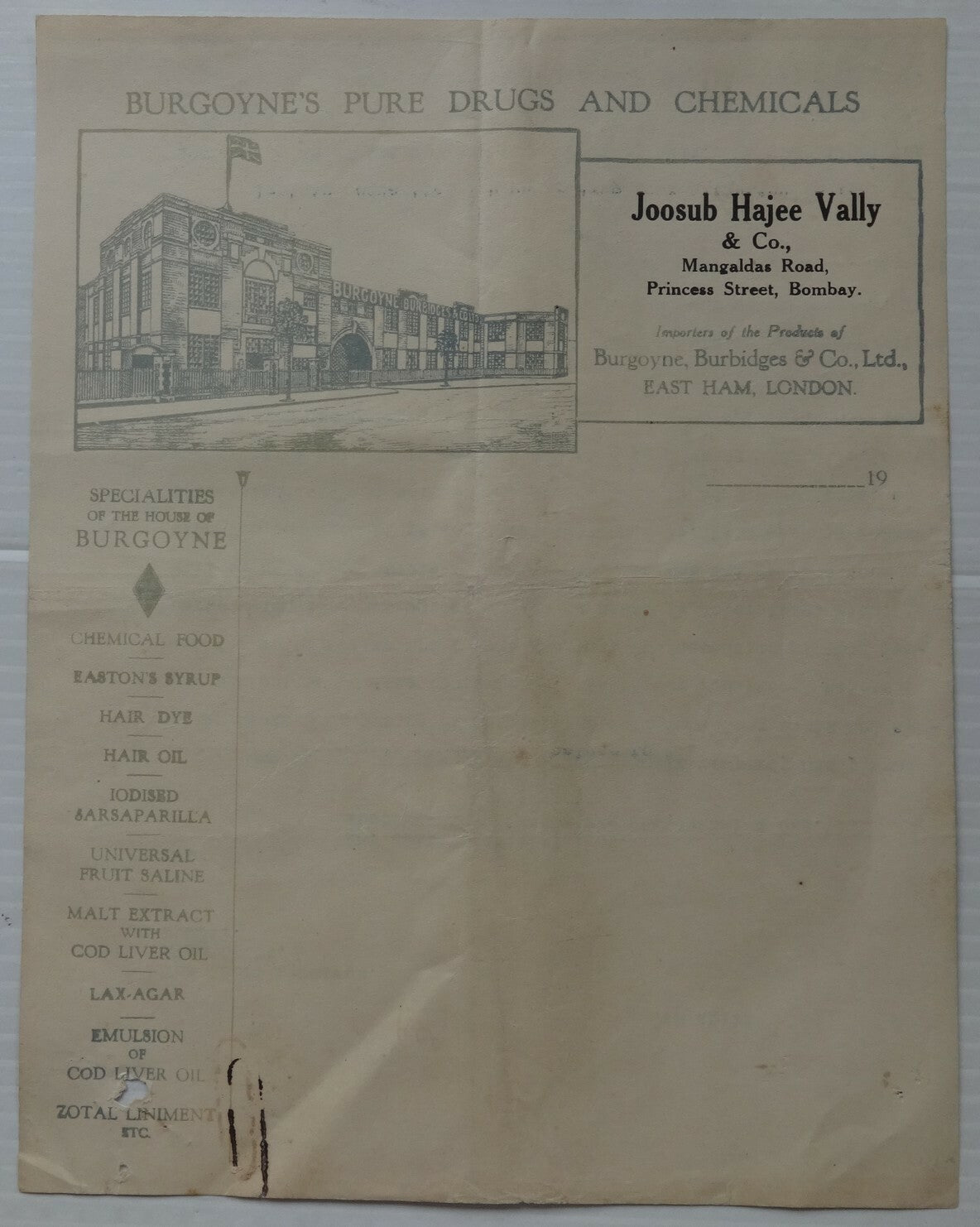 India vintage letterhead BURGOYNE’S PURE DRUGS AND CHEMICALS