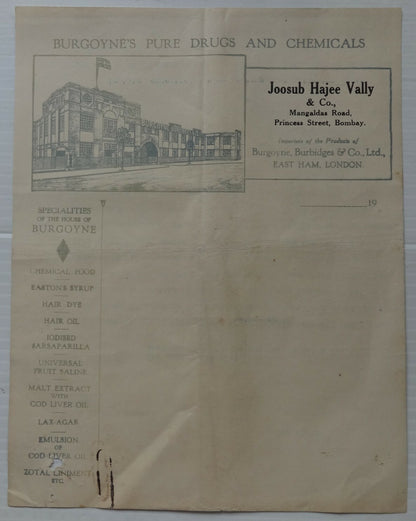 India vintage letterhead BURGOYNE’S PURE DRUGS AND CHEMICALS