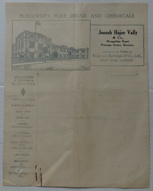 India vintage letterhead BURGOYNE’S PURE DRUGS AND CHEMICALS