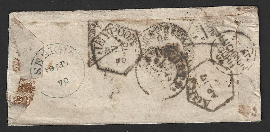 India 1870 stampless cover with many postmarks