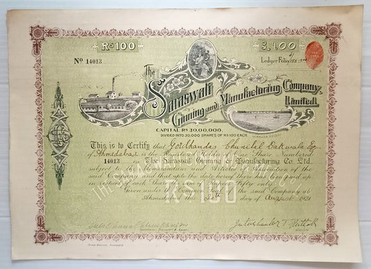 AOP India 1924 share certificate Saraswati Ginning & Manufacturing Co. Ltd