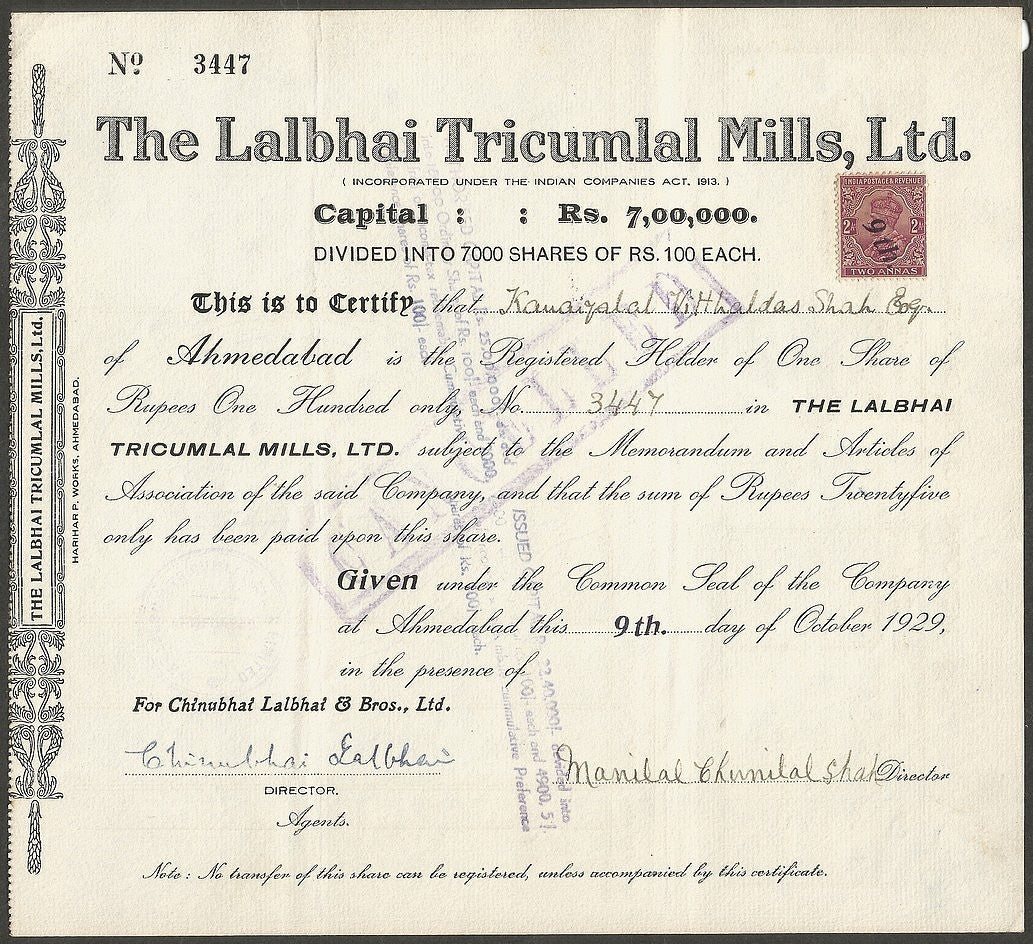 India Lalbhai Tricumlal Mills Ltd 1929 share certificate