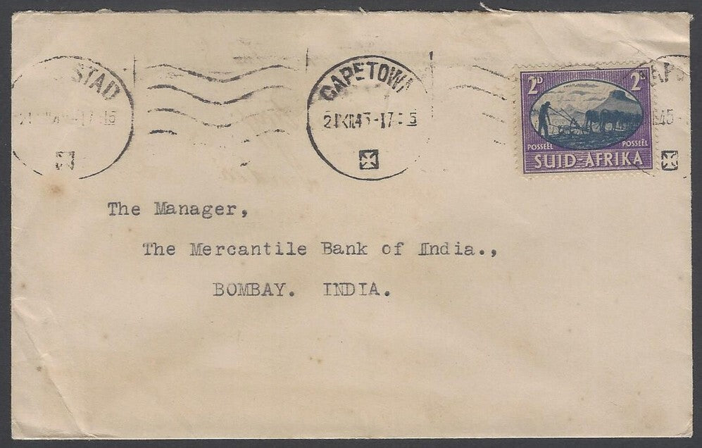 AOP South Africa 1933 2d single franked cover canc Capetown to India