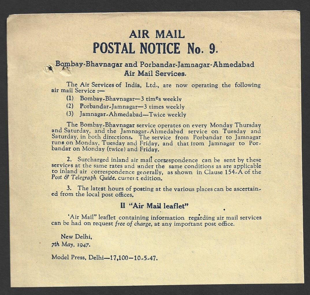 India POSTAL NOTICE #9 7 May 1947 Bombay-Bhavnagar & Porbandar Air Mail Service