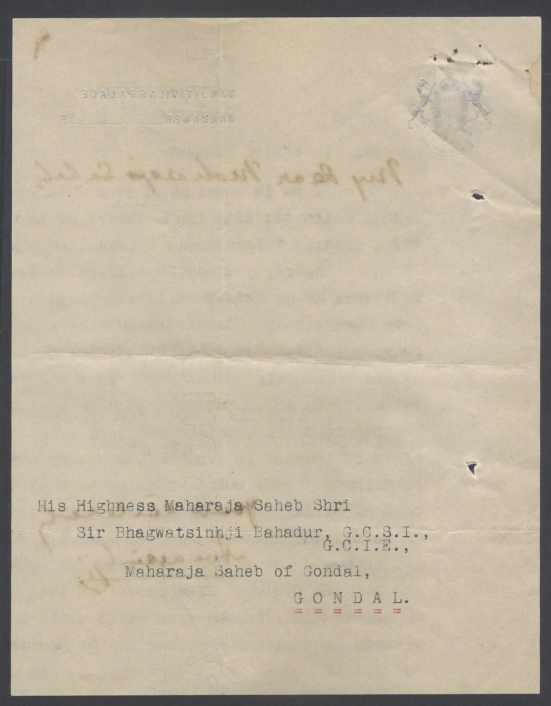 AOP India Wankaner State crested letter re: Tubercolosis Fund 1942