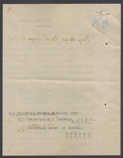 AOP India Wankaner State crested letter re: Tubercolosis Fund 1942