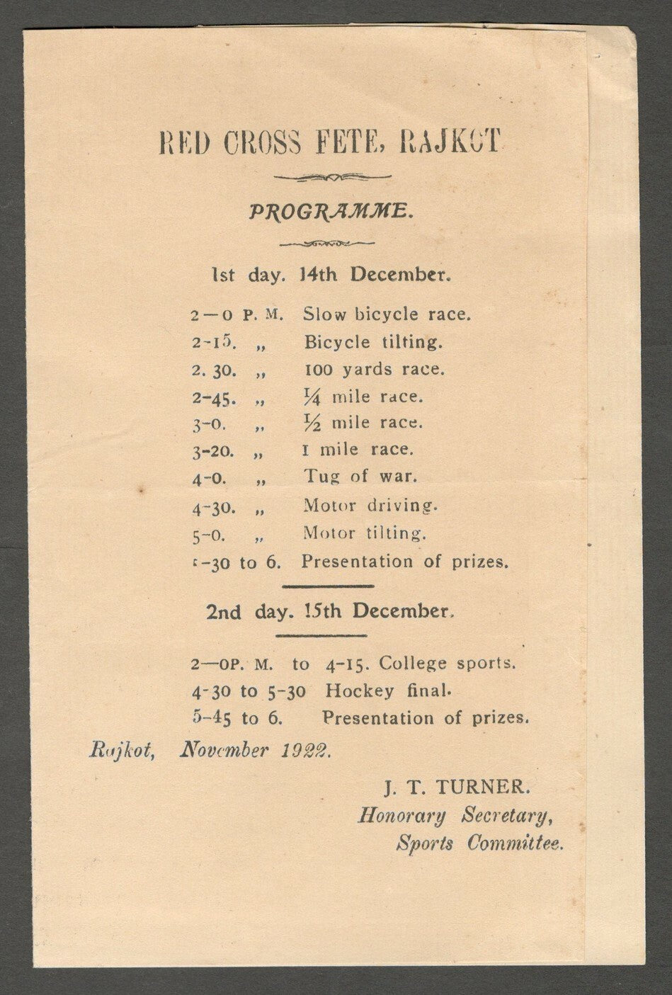 AOP India 1922 Red Cross Fete, Rajkot programme