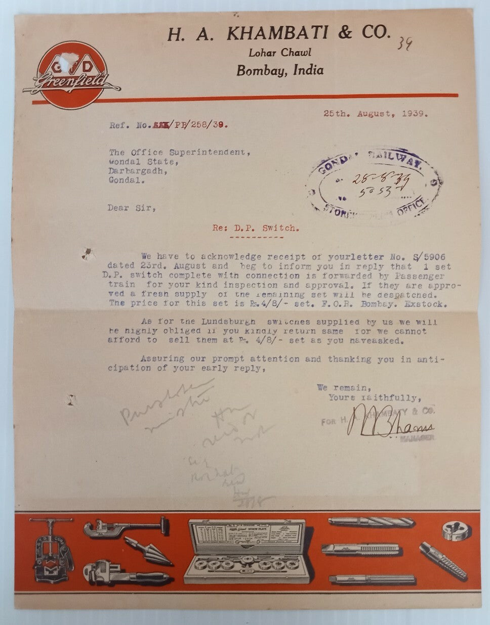AOP Engineers & Contractors Hardware Bombay 1939 illustrated letterhead India