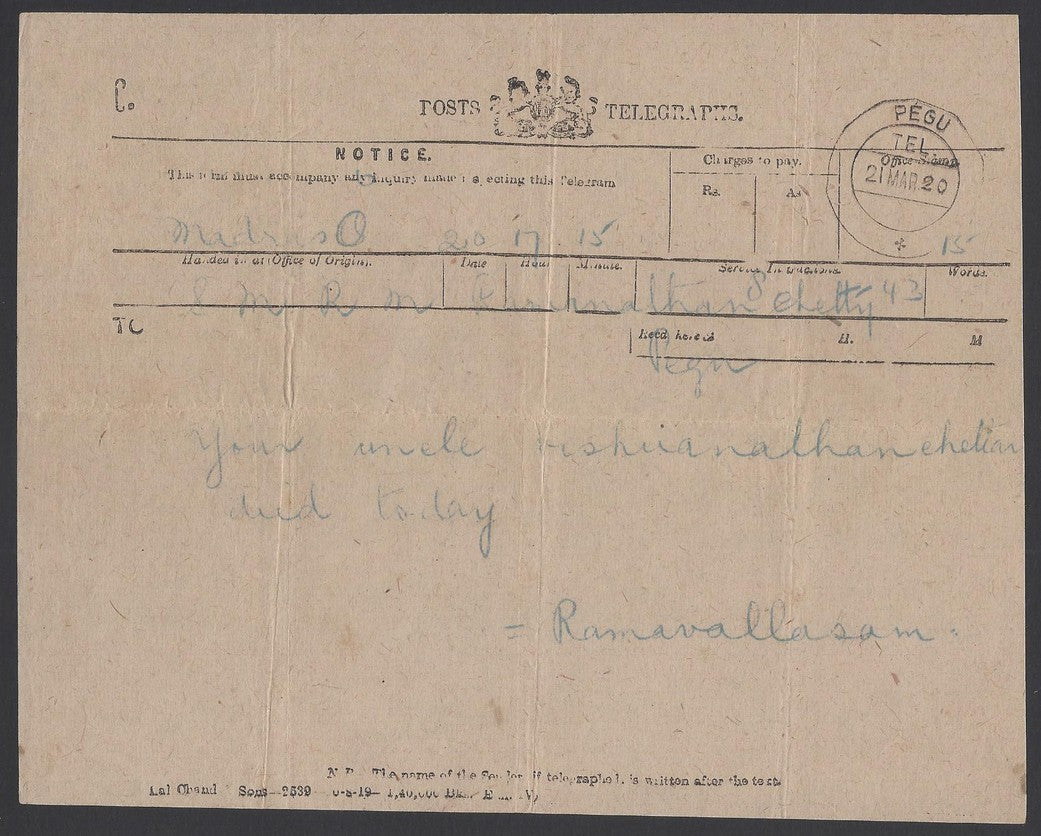 Burma (India used in) telegrams 1920-34
