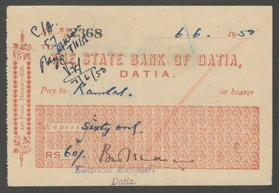 AOP India THE STATE BANK OF DATIA  1957 check cheque