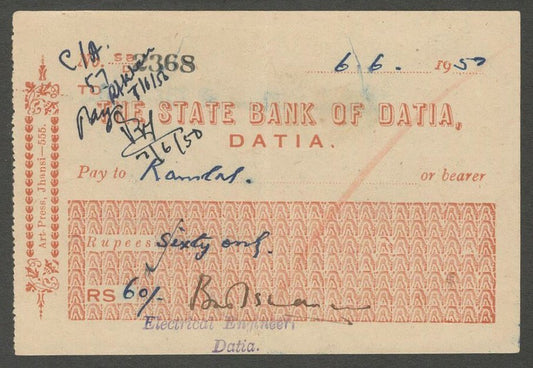 AOP India THE STATE BANK OF DATIA  1957 check cheque