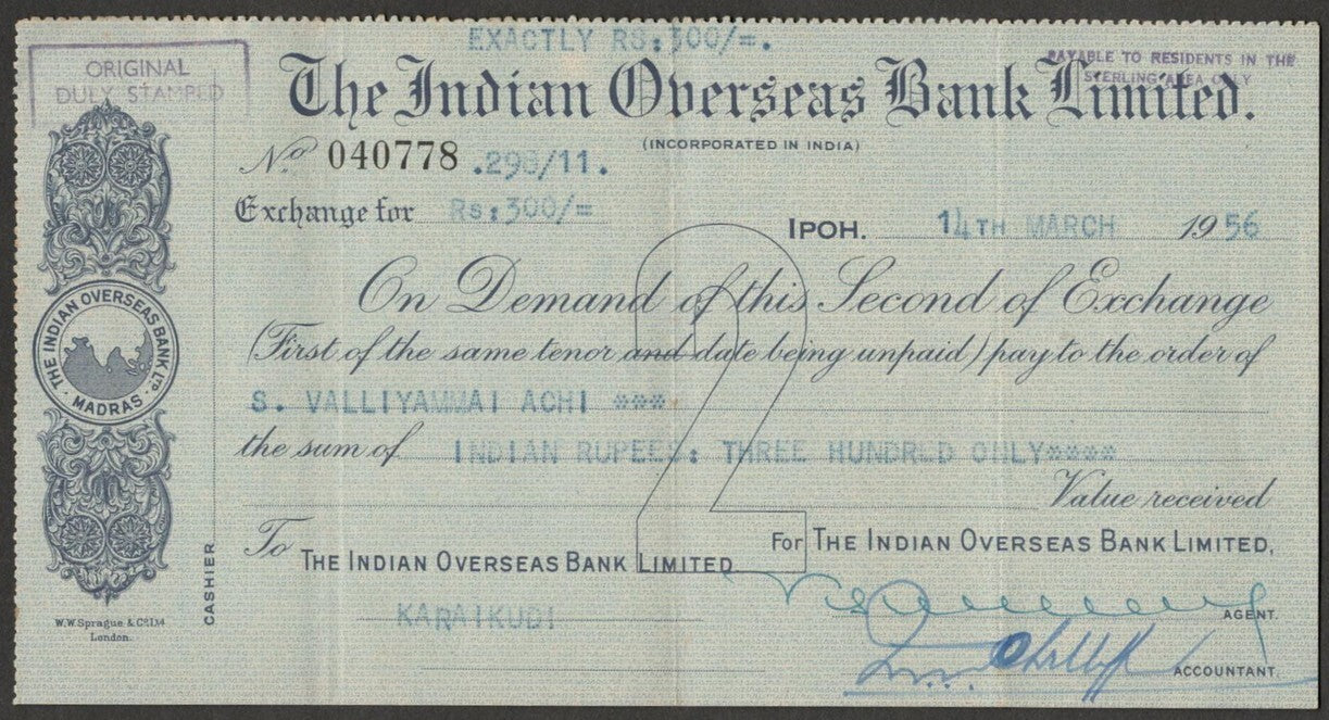 (AOP) Malaya CHECK : The Indian Bank Limited, SINGAPORE 1956
