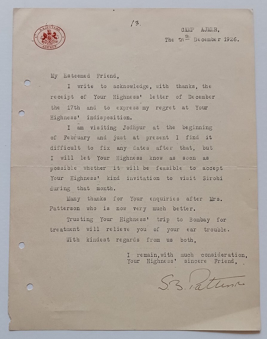 AOP India RAJPUTANA AGENCY signed crested letter to Maharaja of Sirohi