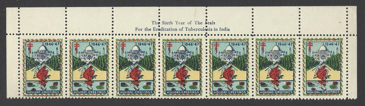 India 1946-47 Tuberculosis Holiday Greetings seals MNH strip of 7 TAJ MAHAL