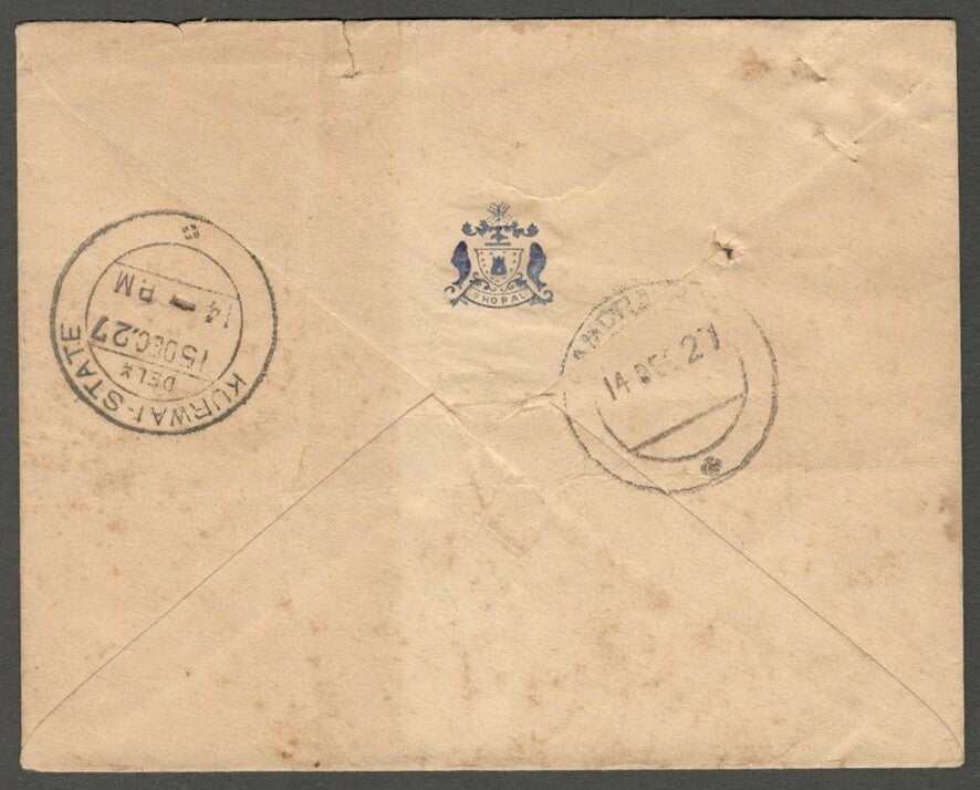 AOP India Bhopal State herald crested envelope 1927 used