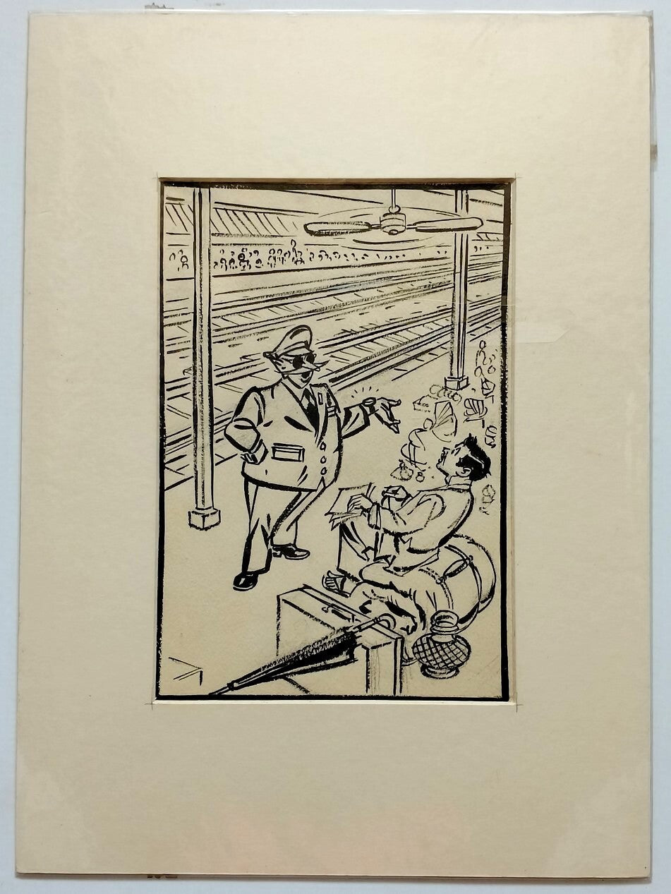 India Cartoonist CHAKOR artwork Where is your Ticket 11x14 inches