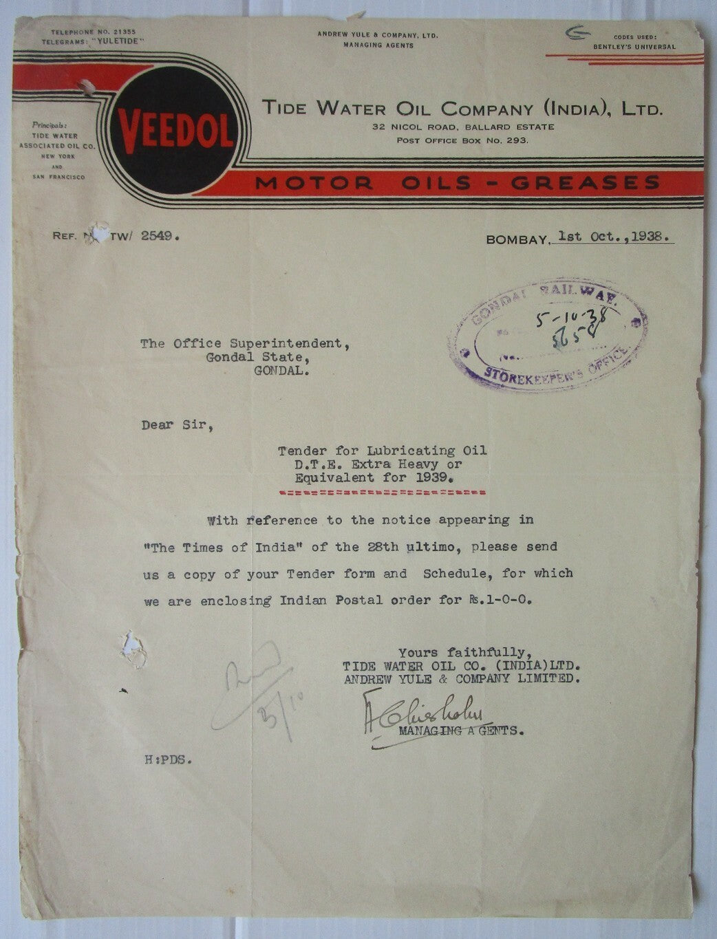 India 1938 illustrated letterhead TIDE WATER OIL CO. Bombay