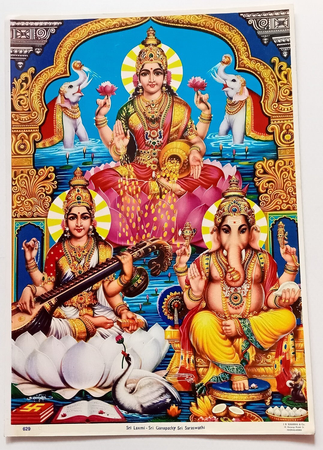 India vintage large poster LAXMI GANPATHY SARASWATHI 14x20" inches by J B Khanna