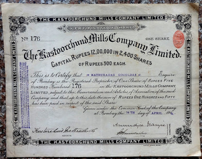 India THE KASTOORCHAND MILLS Bombay 1913 share certificate Capital 1.2M Ӝ zaz