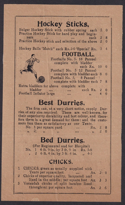 India 1920 illustrated priced list Sports Goods, Sialkot TENNIS HOCKEY FOOTBALL