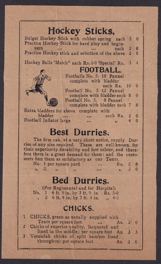 India 1920 illustrated priced list Sports Goods, Sialkot TENNIS HOCKEY FOOTBALL