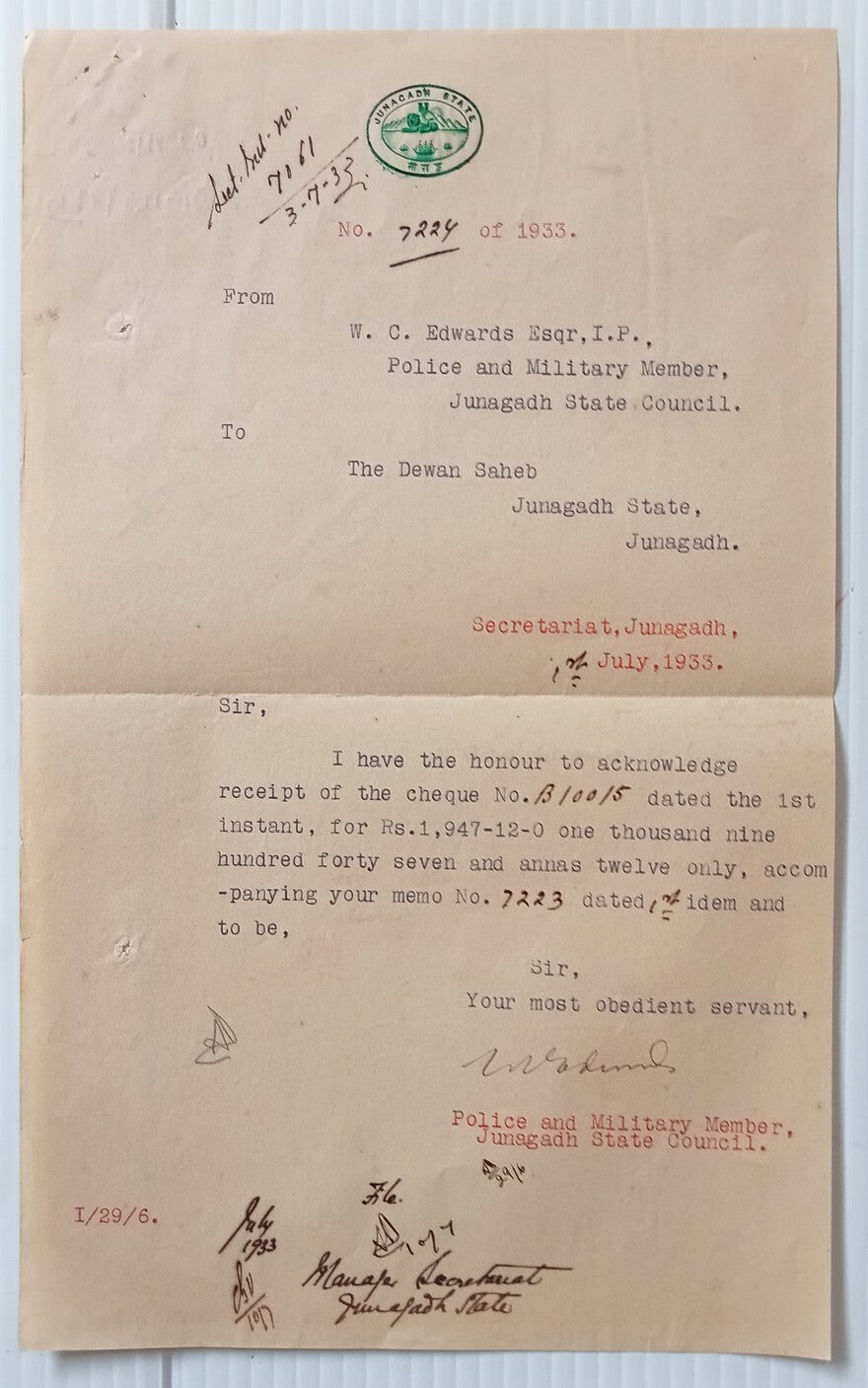 AOP India Junagad State crested herald letter 1933	