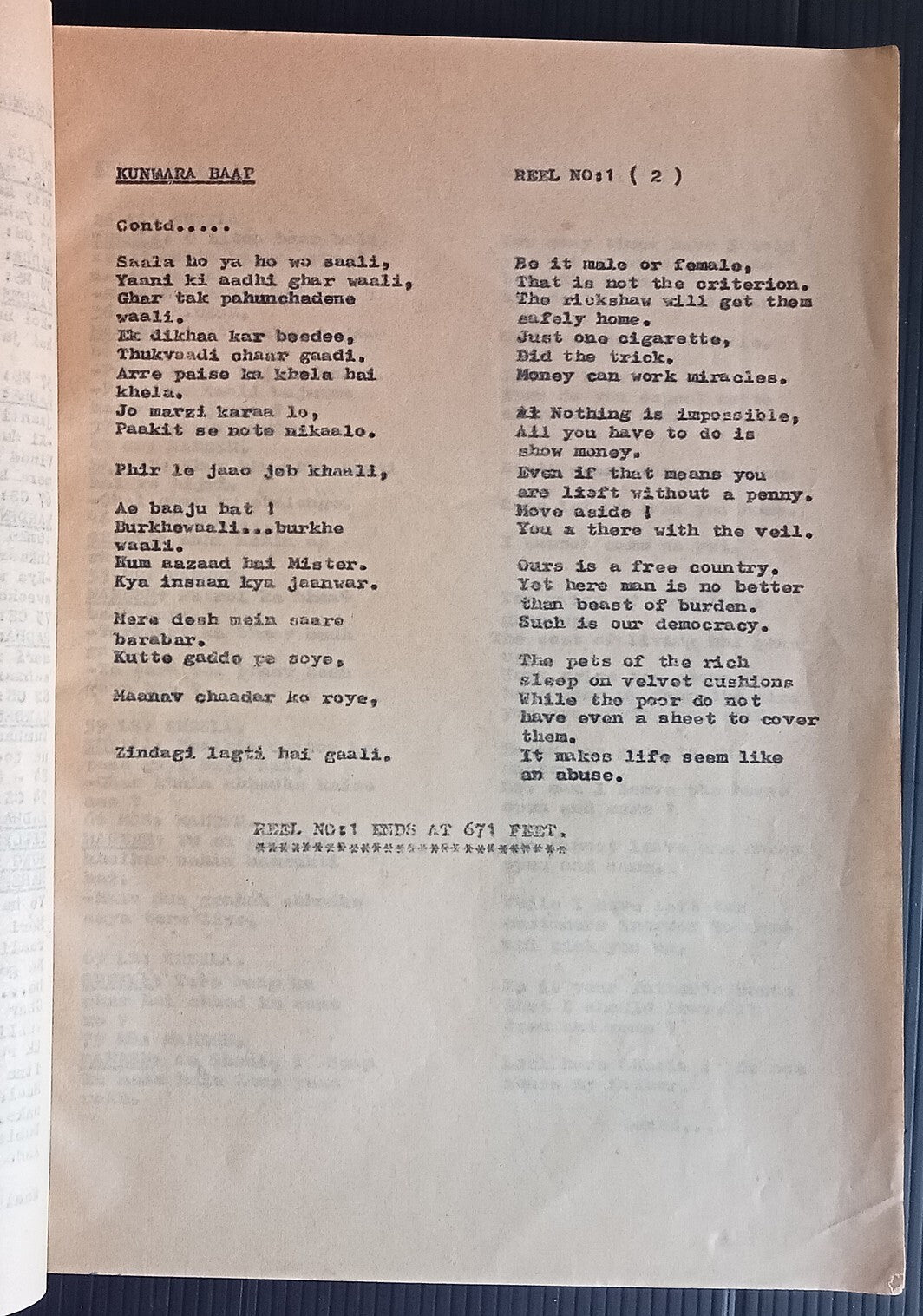 India Bollywood 1974 KUNWARA BAAP post production script - 96 pages