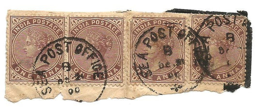 India QV 1a x 4 on piece canc. SEA POST OFFICE ex on board mailing