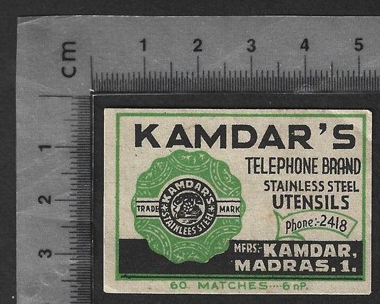AOP India vintage matchbox label with advertisement for TELEPHONE BRAND Utensils