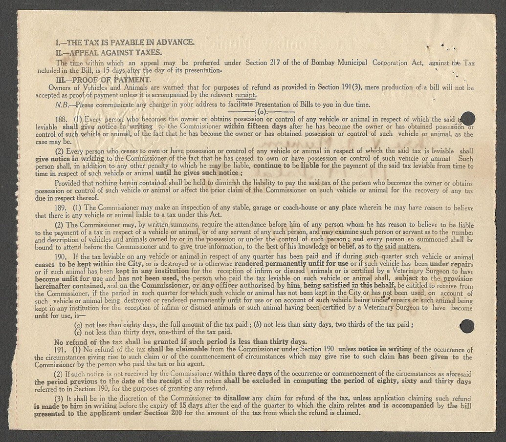 AOP India 1950 2nd Q Bombay Municipal Corp BILL FOR TAX ON VEHICLES AND ANIMALS