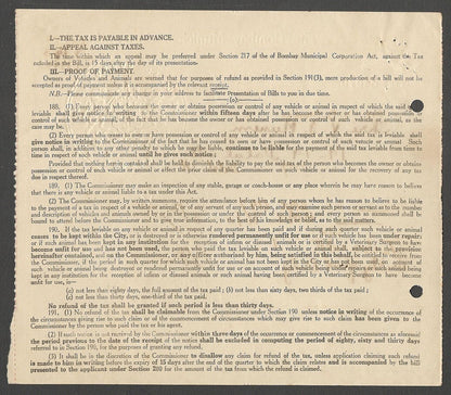 AOP India 1950 2nd Q Bombay Municipal Corp BILL FOR TAX ON VEHICLES AND ANIMALS