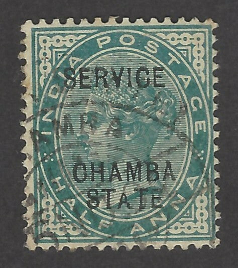 India Chamba State Official 1887 QV 1/2a with small A font used
