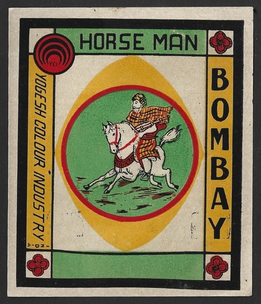 India vintage textile label Yogesh Colour Industry, Bombay - HORSE MAN
