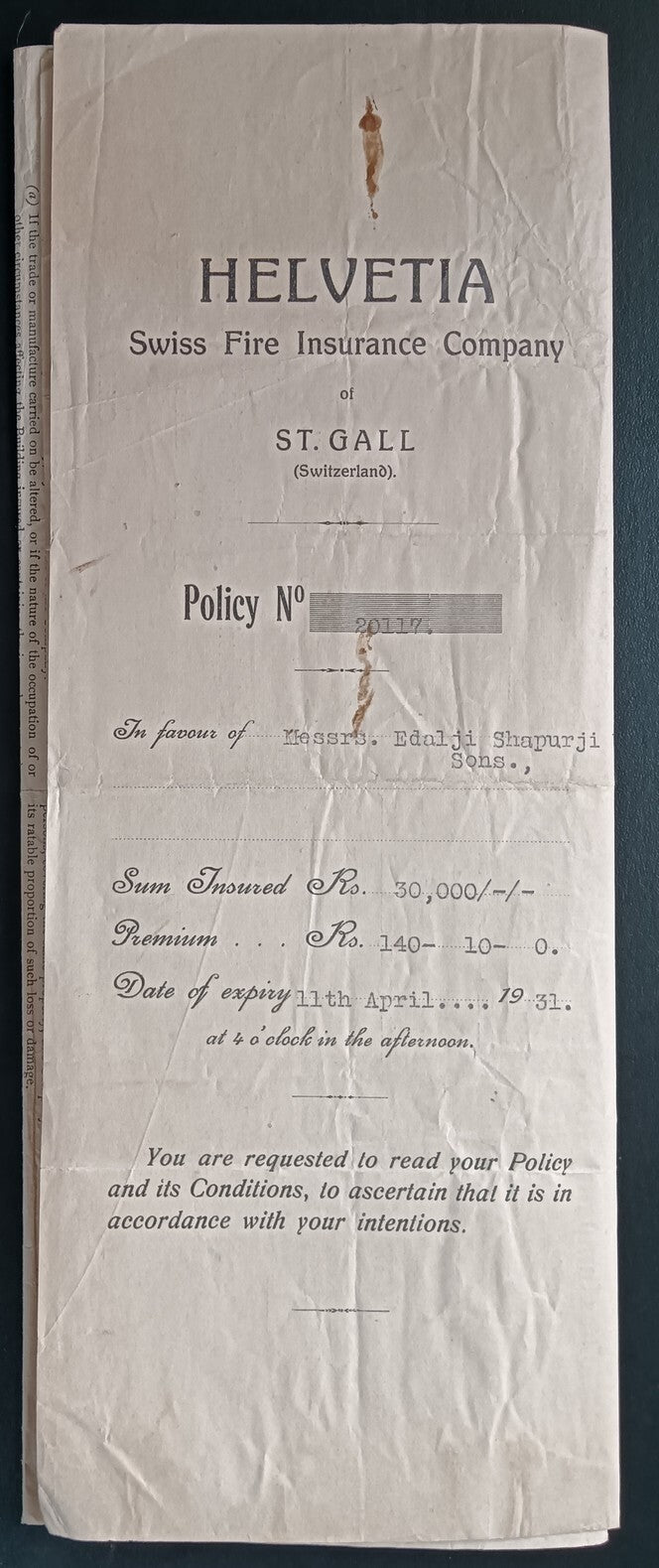 India HELVETIA SWISS FIRE INSURANCE COMPANY 1931 Insurance Policy