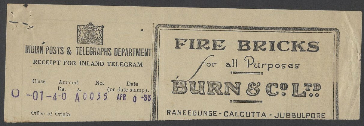 AOPIMT India 1933 Telegraph receipt with Burns & Co FIRE BRICKS advertisement