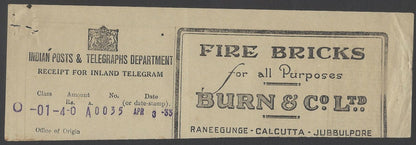 AOPIMT India 1933 Telegraph receipt with Burns & Co FIRE BRICKS advertisement