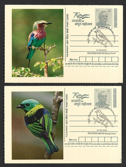 India 2024 Birding Paradise Savoy Hotel postmark cards MULTICOLORED BIRDS (8)