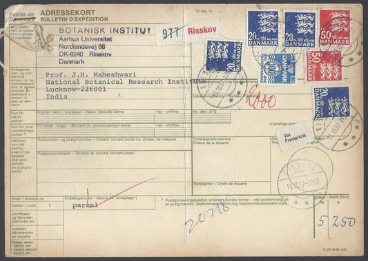 AOP Denmark #720A (1946 50Kr) x 2, etc. on parcel card to India