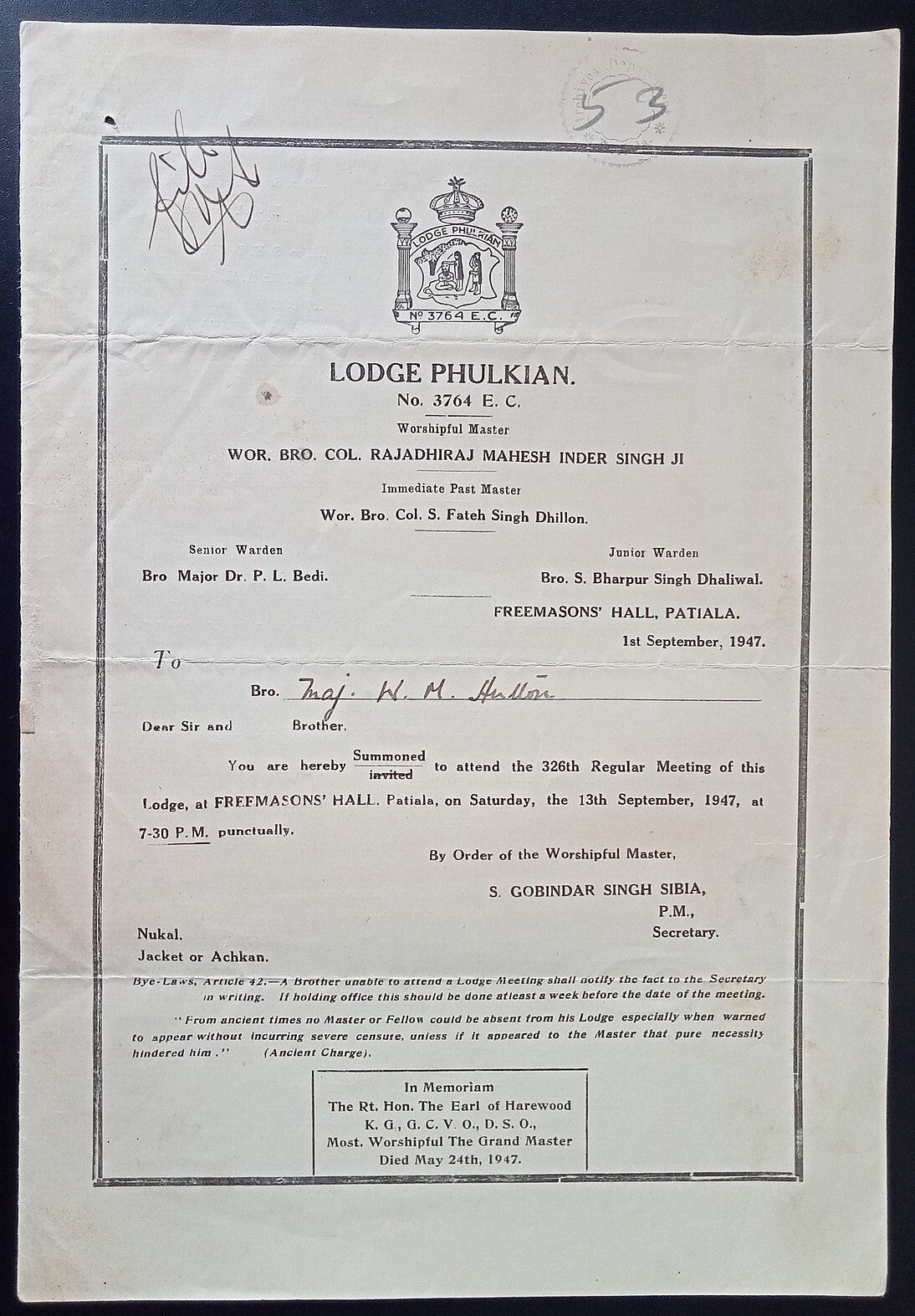 India FREEMASON LODGE PHULKIAN Patiala 1947 summons to a meeting