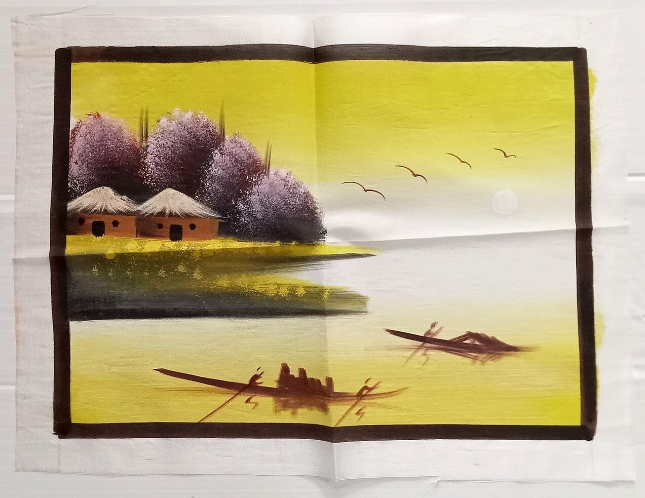 India Kerala Rustic Scene hand painted on white cloth 22 x 30 cm