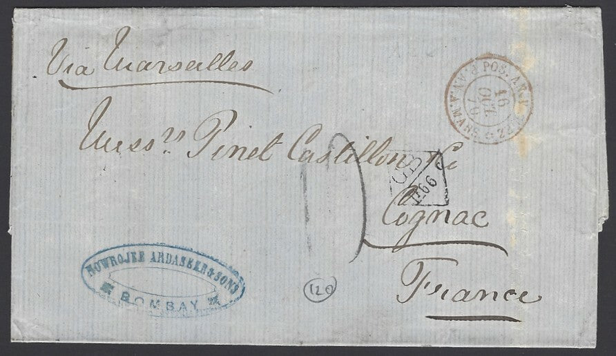 India 1870 stampless Bombay to France GB/LF 66c accountancy mark FA ARDASEER