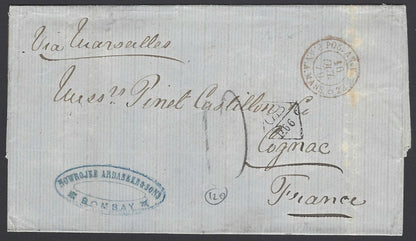 India 1870 stampless Bombay to France GB/LF 66c accountancy mark FA ARDASEER