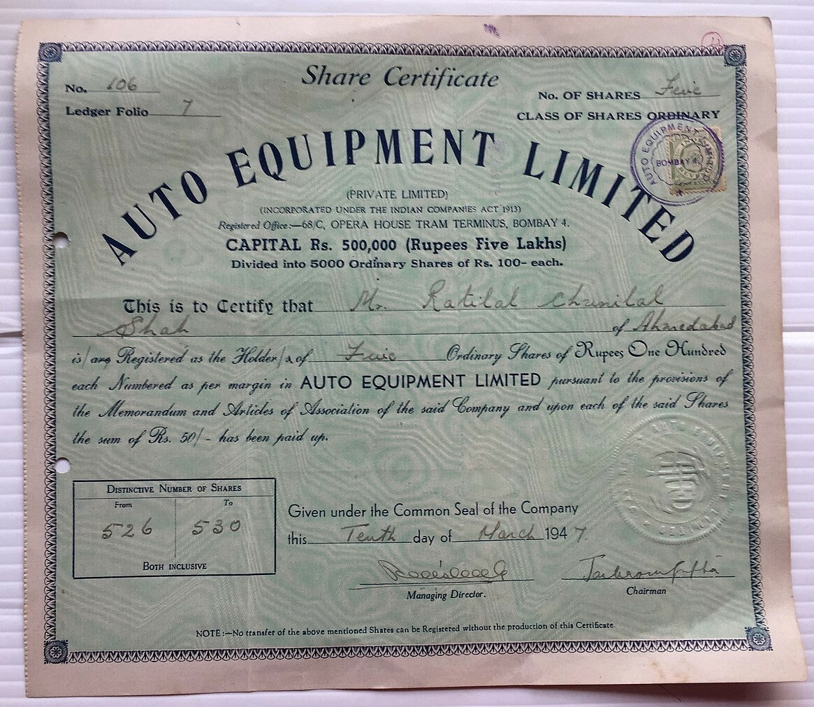 India AUTO EQUIPMENT LIMITED 1947 share certificate