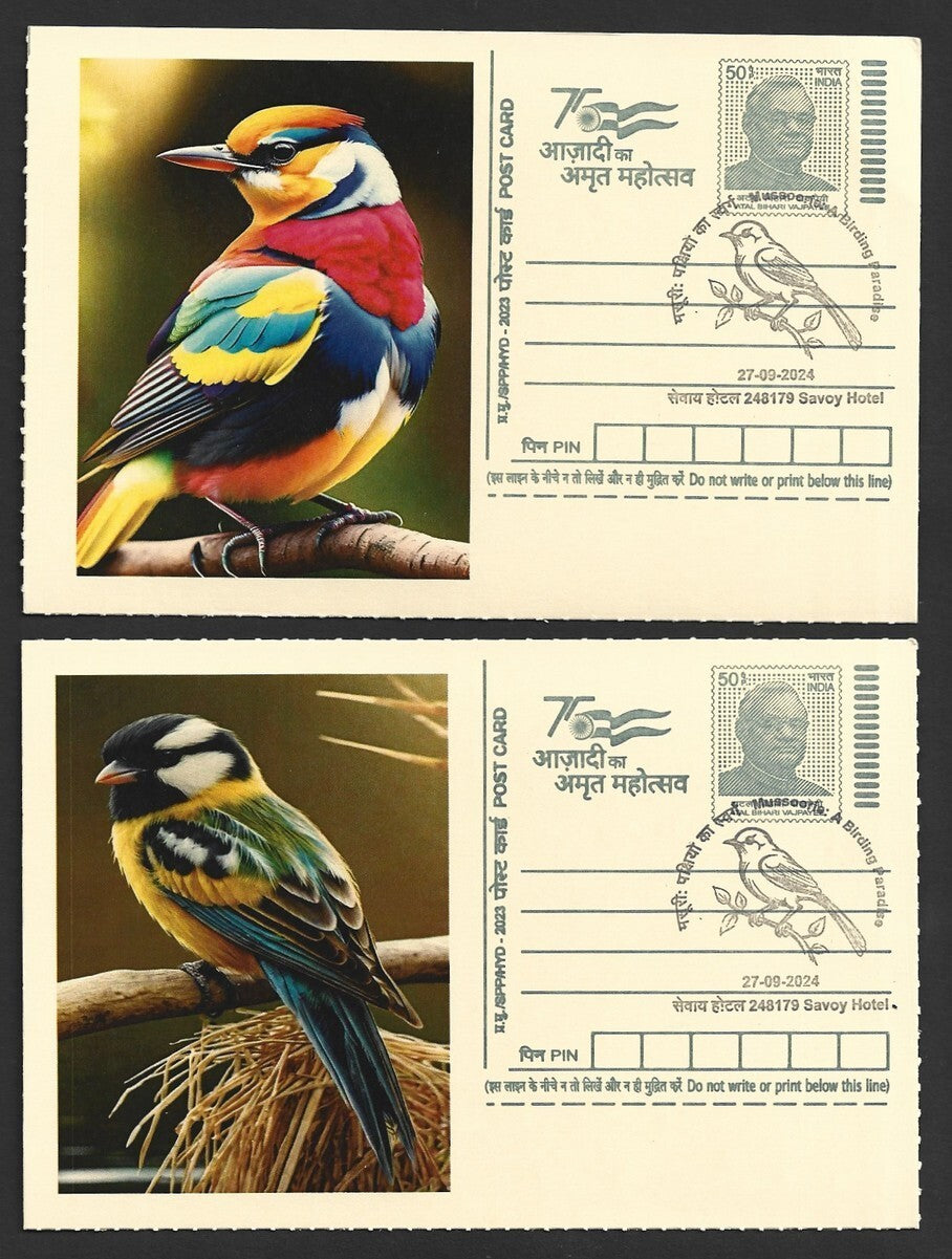 India 2024 Birding Paradise Savoy Hotel postmark cards MULTICOLORED BIRDS (8)