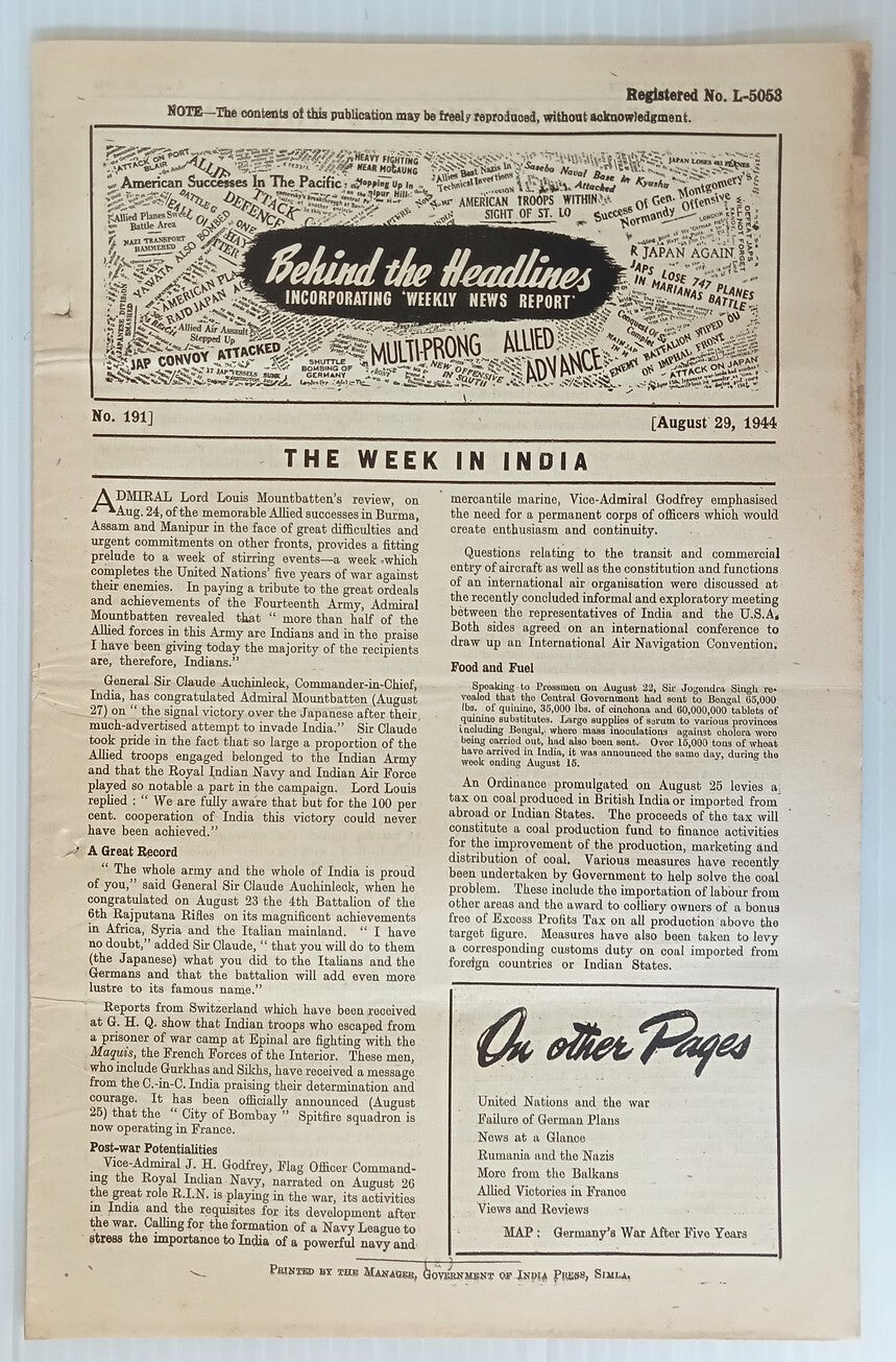 AOP India 1944 WW2 Propaganda rag BEHIND THE HEADLINES INSIDE JAPAN 8pgs